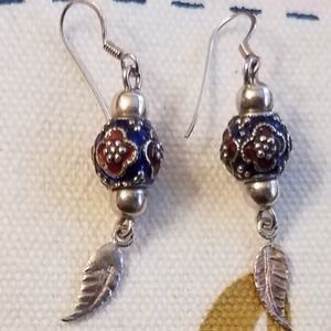 Blue Red Bead with Silver Feather Earrings